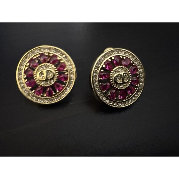 Christian Dior Stamped CD Authentic Magenta Crystals Medallion Stud Earrings - Picture 11 of 16